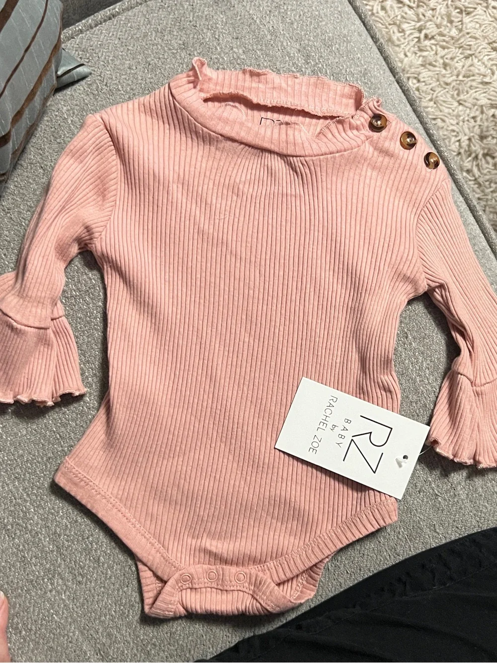 RZ Baby Pink Ribbed Bell-Sleeve Bodysuit with Buttons top 12 months